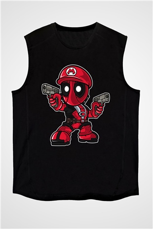 Mario Deadpool Baskılı Siyah Unisex Kolsuz Tişört