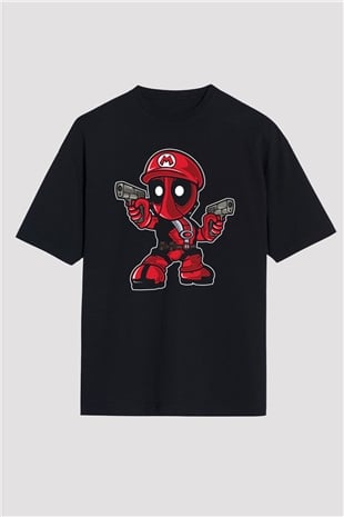 Mario Deadpool Baskılı Siyah Unisex Oversize Tişört