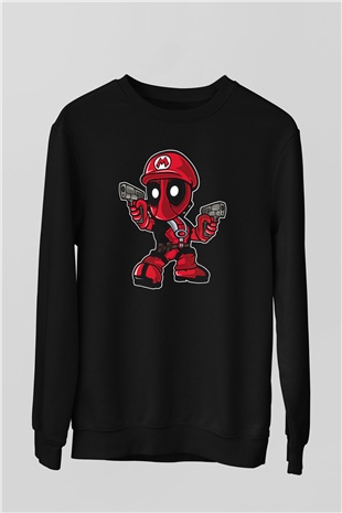 Mario Deadpool Baskılı Siyah Unisex Sweatshirt
