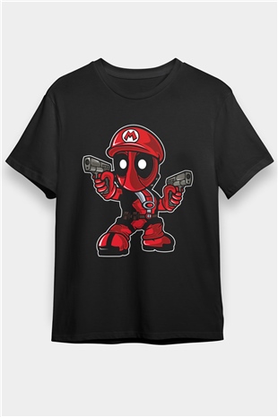 Mario Deadpool Baskılı Siyah Unisex Tişört