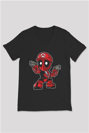 Mario Deadpool Baskılı Siyah Unisex V Yaka Tişört