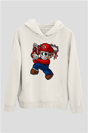 Mario Massacre Baskılı Beyaz Unisex Hoodie