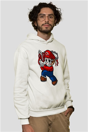 Mario Massacre Baskılı Beyaz Unisex Hoodie