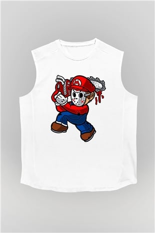 Mario Massacre Baskılı Beyaz Unisex Kolsuz Tişört