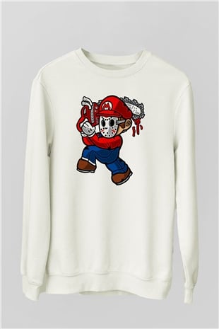 Mario Massacre Baskılı Beyaz Unisex Sweatshirt