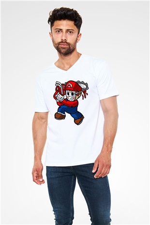 Mario Massacre Baskılı Beyaz Unisex V Yaka Tişört