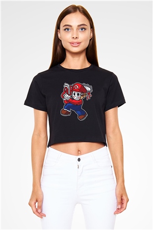Mario Massacre Baskılı Siyah Kadın Crop Top Tişört
