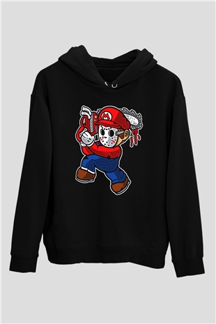 Mario Massacre Baskılı Siyah Unisex Hoodie