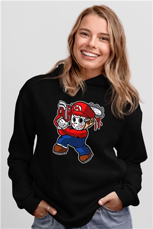 Mario Massacre Baskılı Siyah Unisex Hoodie