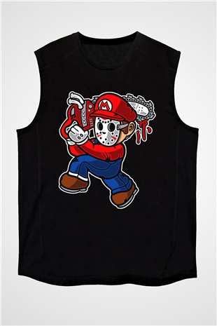 Mario Massacre Baskılı Siyah Unisex Kolsuz Tişört