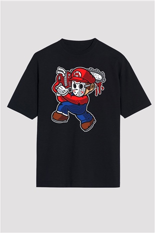 Mario Massacre Baskılı Siyah Unisex Oversize Tişört