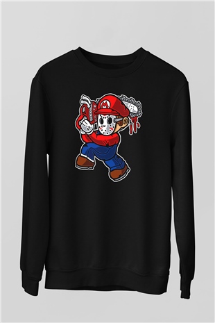Mario Massacre Baskılı Siyah Unisex Sweatshirt