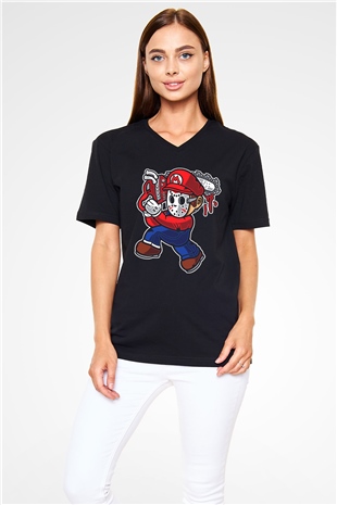 Mario Massacre Baskılı Siyah Unisex V Yaka Tişört