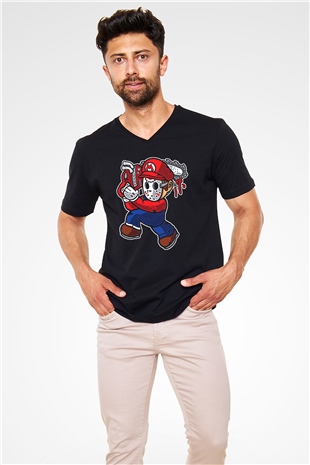 Mario Massacre Baskılı Siyah Unisex V Yaka Tişört