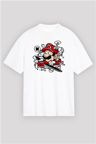 Mario Pilot Baskılı Beyaz Unisex Oversize Tişört
