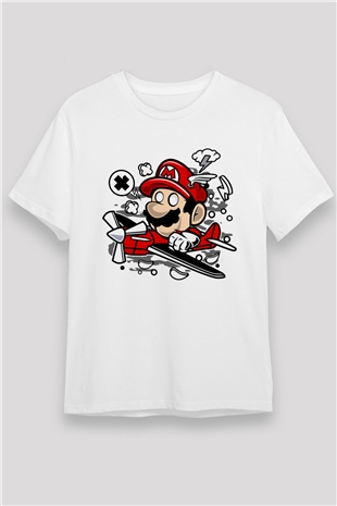 Mario Pilot Baskılı Beyaz Unisex Tişört