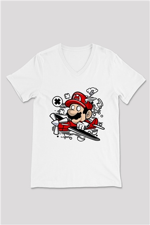 Mario Pilot Baskılı Beyaz Unisex V Yaka Tişört
