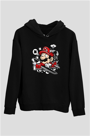 Mario Pilot Baskılı Siyah Unisex Hoodie