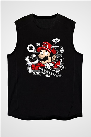 Mario Pilot Baskılı Siyah Unisex Kolsuz Tişört