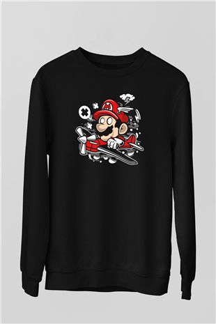 Mario Pilot Baskılı Siyah Unisex Sweatshirt