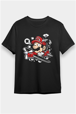 Mario Pilot Baskılı Siyah Unisex Tişört