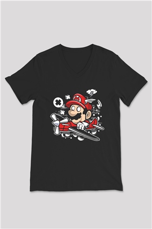 Mario Pilot Baskılı Siyah Unisex V Yaka Tişört