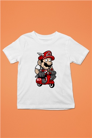 Mario Scooter Baskılı Beyaz Unisex Çocuk Tişört