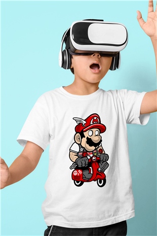 Mario Scooter Baskılı Beyaz Unisex Çocuk Tişört