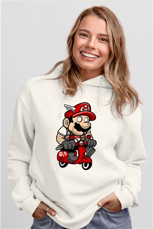 Mario Scooter Baskılı Beyaz Unisex Hoodie