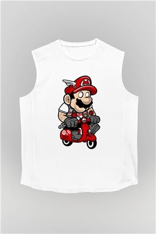 Mario Scooter Baskılı Beyaz Unisex Kolsuz Tişört