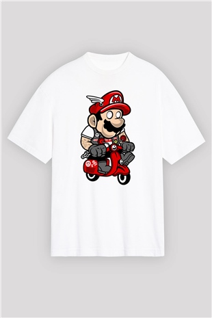 Mario Scooter Baskılı Beyaz Unisex Oversize Tişört