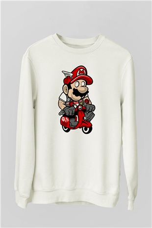 Mario Scooter Baskılı Beyaz Unisex Sweatshirt