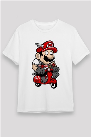 Mario Scooter Baskılı Beyaz Unisex Tişört