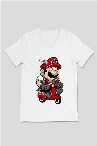 Mario Scooter Baskılı Beyaz Unisex V Yaka Tişört