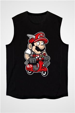 Mario Scooter Baskılı Siyah Unisex Kolsuz Tişört