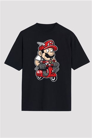 Mario Scooter Baskılı Siyah Unisex Oversize Tişört