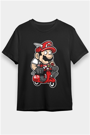 Mario Scooter Baskılı Siyah Unisex Tişört