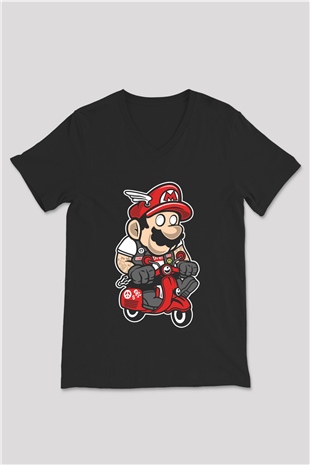 Mario Scooter Baskılı Siyah Unisex V Yaka Tişört