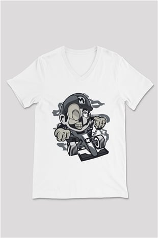 Mario Skull Karting Racer Baskılı Beyaz Unisex V Yaka Tişört