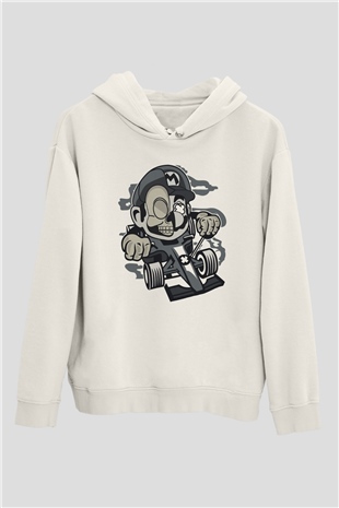 Mario Skull Karting Racer Baskılı Beyaz Unisex Hoodie