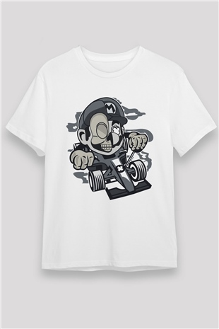 Mario Skull Karting Racer Baskılı Beyaz Unisex Tişört