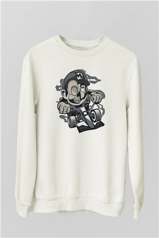 Mario Skull Karting Racer Baskılı Beyaz Unisex Sweatshirt