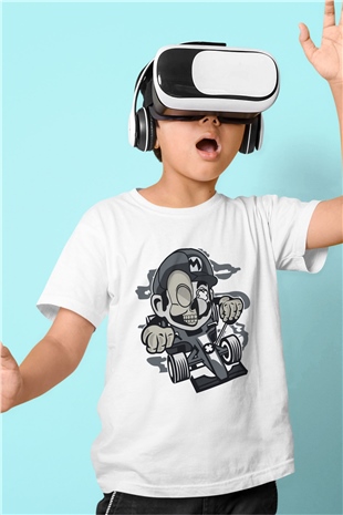 Mario Skull Karting Racer Baskılı Beyaz Unisex Çocuk Tişört