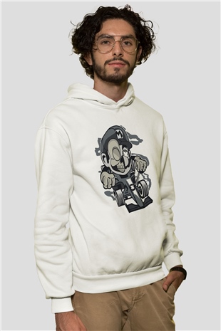 Mario Skull Karting Racer Baskılı Beyaz Unisex Hoodie