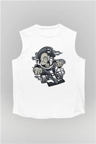 Mario Skull Karting Racer Baskılı Beyaz Unisex Kolsuz Tişört