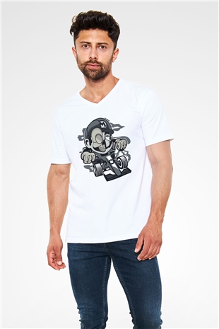 Mario Skull Karting Racer Baskılı Beyaz Unisex V Yaka Tişört