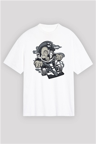 Mario Skull Karting Racer Baskılı Beyaz Unisex Oversize Tişört