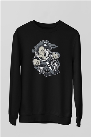 Mario Skull Karting Racer Baskılı Siyah Unisex Sweatshirt