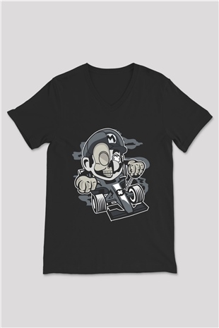 Mario Skull Karting Racer Baskılı Siyah Unisex V Yaka Tişört