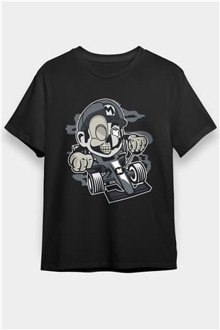 Mario Skull Karting Racer Baskılı Siyah Unisex Tişört